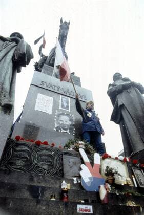 A brutal police action against peaceful march of students in Prague on November 17, 1989, sparked the Velvet Revolution, a series of non-violent protests and demonstrations that toppled the authoritarian Communist regime in Czechoslovakia. Protesters at St.Wenceslas monument in Prague, November 1989. CTK Photo Pavel Khol  CTKPhoto20160704