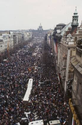 A brutal police action against peaceful march of students in Prague on November 17, 1989, sparked the Velvet Revolution, a series of demonstrations that toppled the authoritarian Communist regime in Czechoslovakia. Demonstration in Wenceslas Square during the general strike on November 27, 1989. CTK Photo Jaroslav Hejzlar  CTKPhoto20160705