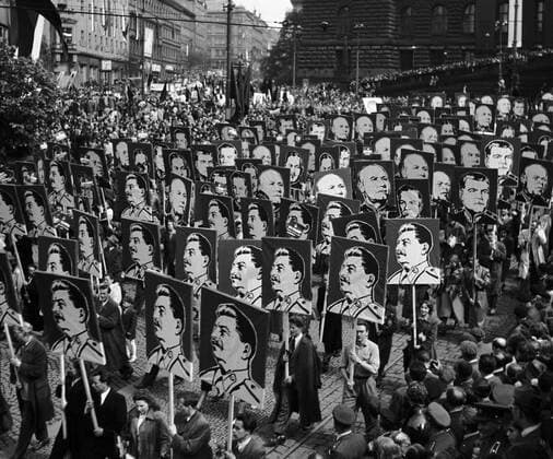 Czechoslovakia - Prague, 1950. Celebrating 5th year anniversary of liberation of Prague by Red Army on May 7 1945. Participants carry large posters of J.V. Stalin and other Soviet generals. In fact, however, Prague was liberated by General Andrej. A. Vlasov and his Russian Liberation Army (RLA), a fact long denied by Czech and Soviet historians. The red Army arrived in Prague on the 9th of May, when this city was already liberated. CTK Vintage Photo  CTKPhoto02038024
