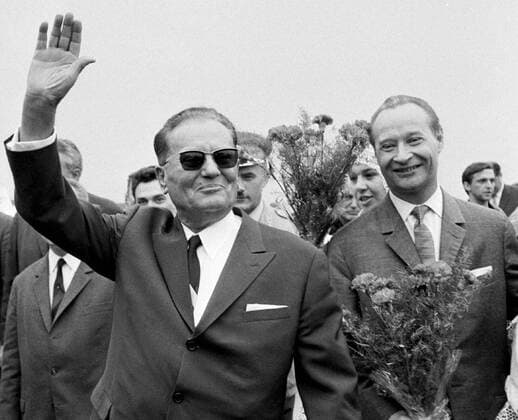 During the strong Soviet diplomatic pressure to halt political reforms in the country known as the Prague Spring, President Josip Broz Tito of Yugoslavia visited Czechoslovakia on August 9, 1968, to demonstrate his support of Czechoslovak leaders. Accampanied by Czechoslovak communist party leader Alexander Dubcek, right, Tito waves to crowds of people greeting him at the airport. CTK Photo Jiri Rublic  CTKPhoto01030782