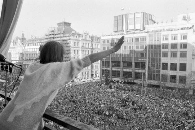 A brutal police action against peaceful march of students in Prague on November 17, 1989, sparked the Velvet Revolution, a series of demonstrations that toppled the authoritarian Communist regime in Czechoslovakia. Popular singer Marta Kubisova, banned in the 70 and 80 for her protests against Soviet occupation of Czechoslovakia, waves to crowd from the balcony of the Melantrich publishing house during a rally marking the Day of Human Rights in Wenceslas Square, December 10, 1989. CTK Photo  CTKPhoto01143728