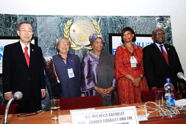 (110131) -- ADDIS ABABA, Jan. 31, 2011 (Xinhua) -- (L to R) United Nations (UN) Secretary General Ban Ki-moon (1st L), Executive Director of the United Nations Entity For Gender Equality and the Empowerment of Women (UN Women) Michelle Bachelet (2nd L) and President of Liberia Ellen Johnson Sirleaf (C) attend the unveiling ceremony of the logo of UN Women in Addis Ababa, capital of Ethiopia, Jan. 30, 2011. The UN Women was founded in July 2010 and launched officially since Jan. 1, 2011. It merged and built on four previously distinct parts of the UN system, which focused exclusively on gender equality and the women s empowerment. (Xinhua Michael Tewelde) (zf) ETHIOPIA-UNWOMEN-LOGO-UNVEILING CEREMONY 