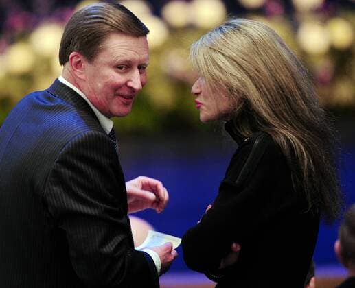 ITAR-TASS: MOSCOW, RUSSIA. FEBRUARY 1, 2011. Deputy PM Sergei Ivanov and presidential aide Dzhakhan Pollyeva at the concert marking the 80th birthday of late Boris Yeltsin, Russia s first president, at the Bolshoi Theatre  Highlight RE0E03E2
