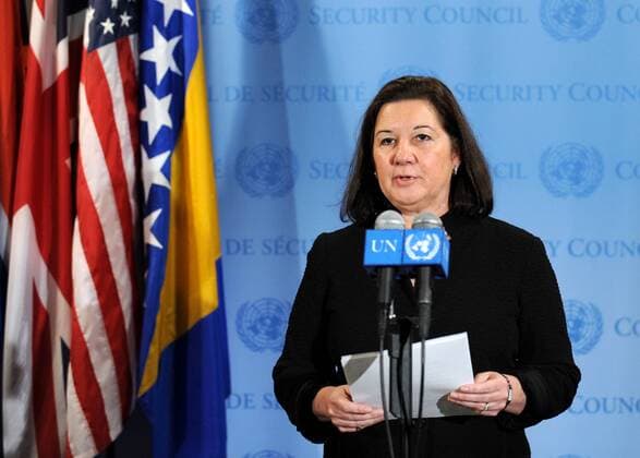 (110214) -- NEW YORK, Feb. 14, 2011 (Xinhua) -- UN Security Council president of the month and Brazilian Ambassador to the UN Maria Ribeiro Viotti speaks on the recent armed clashes between Cambodia and Thailand at the UN headquarters in New York, the United States, Feb. 14, 2011. The UN Security Council urged Cambodia and Thailand to display maximum restraint and to establish a permanent cease-fire, the Council President of the month, Brazilian Ambassador to the UN Maria Ribeiro Viotti, told reporters here Monday. (Xinhua Shen Hong) UN-NEW YORK-CAMBODIA-THAILAND-CEASEFIRE-CALLED 