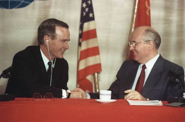 Malta. General Secretary of the Communist Party of the Soviet Union (CPSU) Mikhail Gorbachev (R) and President of the United States George H. W. Bush hold a joint press conference in Malta s capital city Valletta on December 3, 1989.  TASS_54899