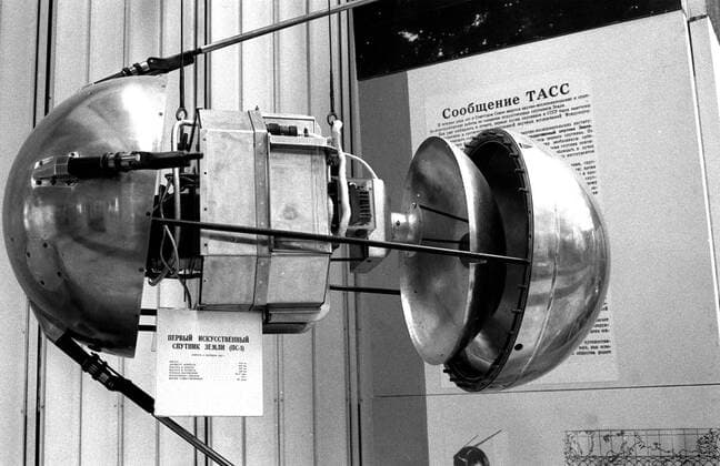 Pictured is a model of the first ever artificial satellite - Sputnik - It was launched 40 years ago, in the year 1957, Oct. 4th.  TASS_99164