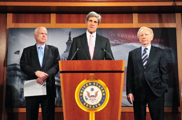 (L-R) Sen. John McCain (R-AZ), Sen. John Kerry (D-MA) and Sen. Joe Lieberman (I-CT) speak at a press conference where they announced a bill to give State Department funding to help Tunisia and Egypt following their recent revolutions, in Washington on March 10, 2011.  WAP20110310351