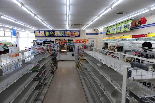(110313) -- FUKUSHIMA, March 13, 2011 (Xinhua) -- Daily necessities are sold out at a store in Fukushima Prefecture, northeastern Japan, on March 13, 2011. Over 1,000 people has been killed after Friday s great earthquake and ensuing huge tsunami hit northeast Japan, public broadcaster NHK reported Saturday. (Xinhua Ji Chunpeng) (lr) JAPAN-FUKUSHIMA-QUAKE 