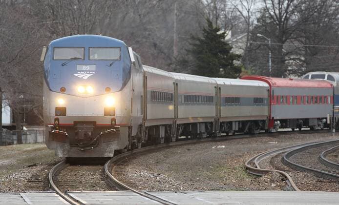 An Amtrack train bound for Kansas City slows as it approaches the Kirkwood Amtrack Station in Kirkwood, Missouri on March 29, 2011.  SLP2011032902