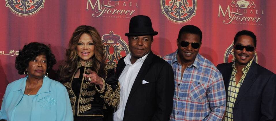 The late pop star Michael Jackson s mother Katherine and siblings LaToya, Tito , Jackie and Marlon Jackson (L-R) pose together after announcing a live concert tribute to the King of Pop , during a press conference in Beverly Hills California on July 25, 2011. The concert, which will feature performances by some of the world s leading artists, will be held at the Millennium Stadium in Cardiff, Wales.  LAP2011072532