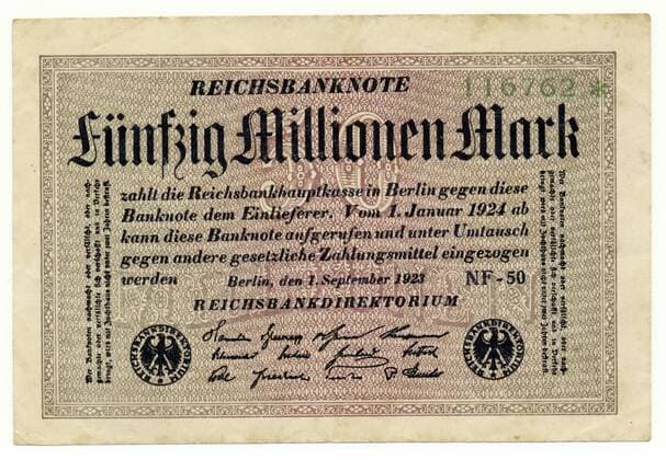  Vorderseite einer Banknote, Reichsbanknote, 50 Millionen Mark, 1922, Inflationsgeld, Deutschland, Europa iblhdf01976896