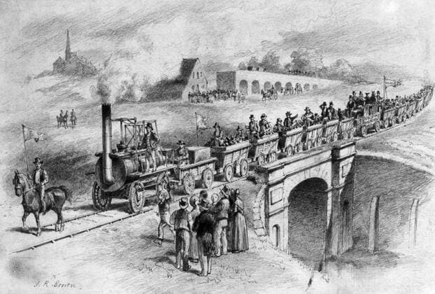 IMAGO History, Die Geburt des Eisenbahnverkehrs: 1802-1830 Opening of the Stockton & Darlington Railway 1825 Mono Print !AUFNAHMEDATUM GESCHÄTZT! UnitedArchives0806979