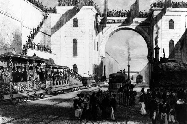 IMAGO History, Die Geburt des Eisenbahnverkehrs: 1802-1830 The Opening of the Liverpool & Manchester Railway September 15th 1830 with the Moorish Arch at Edge Hill as it appeared on that day Mono Print !AUFNAHMEDATUM GESCHÄTZT! UnitedArchives0807071