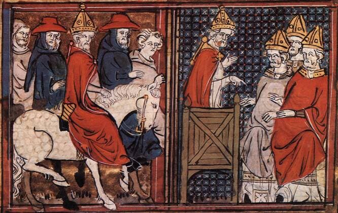 Pope Urban arrives in France, left, where he preaches his call for a crusade at the Council of Clermont, right. Mono Print UnitedArchives0817077