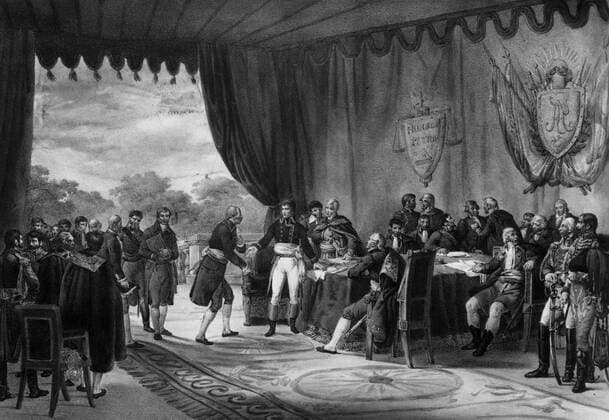 Robert Livingston and James Monroe signing the Louisiana Purchase lithograph, after painting by Victor Adam. Mono Print UnitedArchives0779408