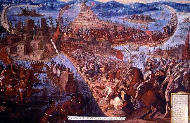 The Conquest of Tenochtitlán, unknown artist, from The Conquistadors by Hammond Innes, page 142 The painting shows the conquest of Tenochtitlán (now the site of Mexico City). The battle between the Spanish under Hernán(do) Cortés, marqués del Valle de Oaxaca (1484-1547) and the Mexica under the last Aztec leader Cuauhtémoc (c.1502-1525) is more properly called a siege. It began in May of 1521 and lasted into August. With newly built ships, the Spanish controlled the lake surrounding the island and blockaded the city. Ultimately Cortés ordered the complete destruction of Tenochtitlán, including its palaces, temples and squares. Cortés led his Spanish armies across one of the causeways and into the city. The captains of the other parts of his army also led their troops towards the centre of the city and the main temple compound. The Mexica put up a spirited and skilled resistance, bu UnitedArchives0631042