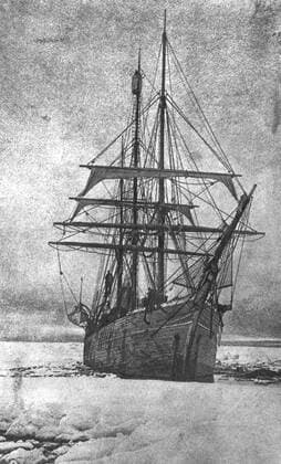 The Belgica. Originally built in 1884 for whaling, the ship was purchased by Adrien de Gerlache for the Belgian Antarctic Expedition in 1896. He renamed the ship Belgica and left for Antarctica on 16 August 1897 from Antwerp, Belgium. Antarctica: The Last Continent by Ian Cameron, page 134. Mono Print UnitedArchives0649142