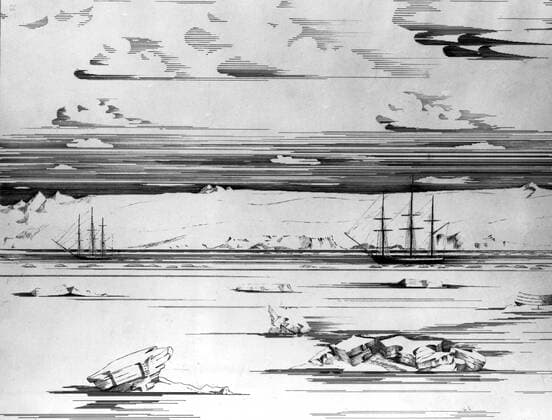 Fabian Gottlieb von Bellingshausen s ships - Vostok and Mirnyi. Bellingshausen explored Antarctica in the Vostok in 1820. Antarctica: The Last Continent by Ian Cameron, page 74. Mono Print !AUFNAHMEDATUM GESCHÄTZT! UnitedArchives0649159