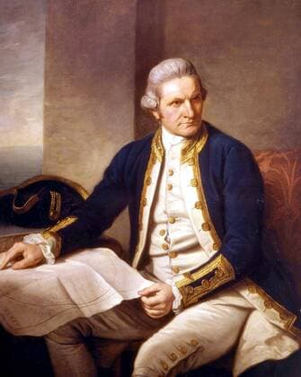 Captain James Cook (1728-1779), by Nathaniel Dance (1735 -1811) c.1775. From Antarctica: The Last Continent by Ian Cameron, page 36. James Cook was a British explorer, navigator, and map maker. He made three voyages to the Pacific Ocean, during which large areas were accurately charted, and several islands and coastlines recorded for the first time on European maps. His most notable accomplishments were the British discovery and claiming of the east coast of Australia, the European discovery of the Hawaiian Islands, and the first circumnavigation and mapping of New Zealand. Local Caption Colour Medium Format Transparency !AUFNAHMEDATUM GESCHÄTZT! UnitedArchives0649185
