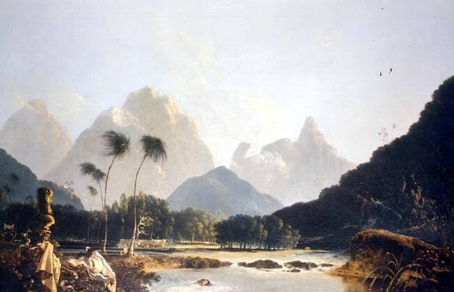 Tahiti Revisited, by William Hodges (English Painter, 1744-1797). Hodges was a member of James Cook s second voyage to the Pacific Ocean, and is best known for the sketches and paintings of locations he visited on that voyage, including Table Bay, Tahiti, Easter Island, and the Antarctic. Hodges accompanied Cook to the Pacific as the expedition s artist in 1772-1775. From Darwin and the Beagle by Alan Moorhead pages 220-221. Local Caption Colour Medium Format Transparency UnitedArchives0651814