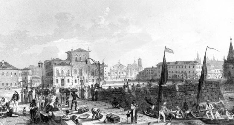 Mole, palace and cathedral at Rio de Janeiro. Drawing by Augustus Earle (1793-1838), traveller and the original artist on the voyage of HMS Beagle. Darwin and the Beagle by Alan Moorhead, page 51. Mono Print !AUFNAHMEDATUM GESCHÄTZT! UnitedArchives0651858