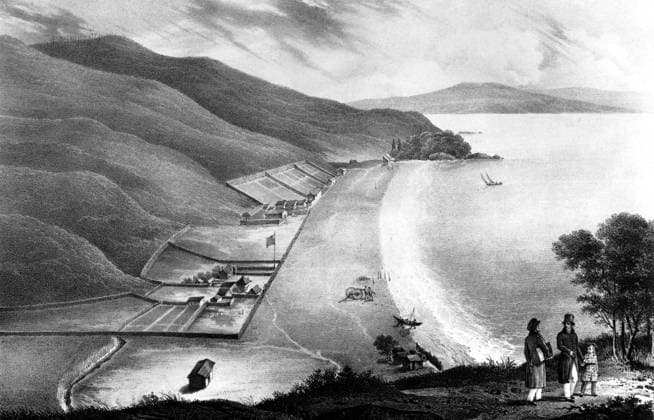Missionary settlement near the Bay of Islands. Darwin and the Beagle by Alan Moorhead, page 227. Mono Print UnitedArchives0651899