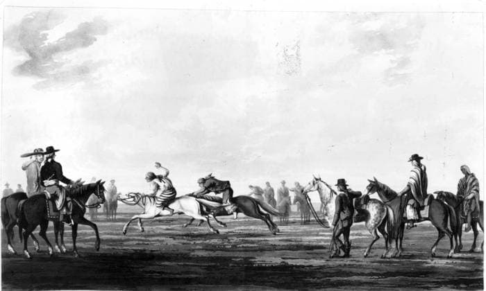 A horse race. From Darwin and the Beagle by Alan Moorhead, page 115. Mono Print UnitedArchives0651937