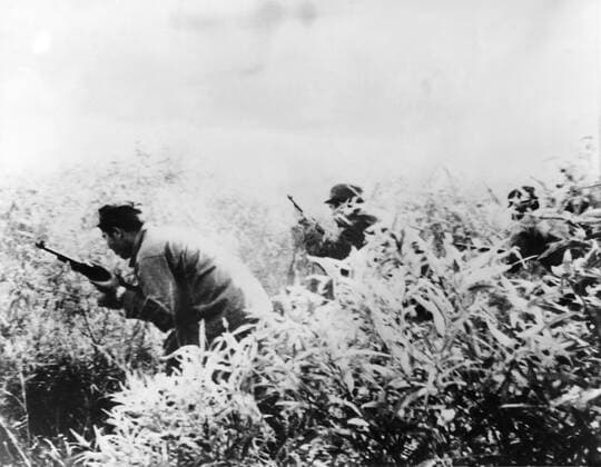 Cuban exiles , members of the anti-Castro froces now fighting in Cuba , go through the undergrowth as they were training at an unidentifed base in the Caribbean recently. The picture was taken just a few days before the invasion of Cuba which began on 17th April 1961 Mono Print !AUFNAHMEDATUM GESCHÄTZT! UnitedArchives1176472