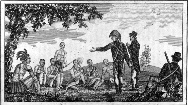 An engraving from Patrick Gass s book about the expedition showing Lewis and Clark parleying with Indians. Mono Print UnitedArchives0715348