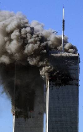 The World Trade Center twin towers burn after two commercial airliners deliberately crashed into the buildings on September 11, 2001, in New York. September 11, 2011 marks the tenth anniversary of the terrorist attacks on the World Trade Center, Pentagon and the crash of flight 93 in Shanksville, Pennsylvania.  WAX2011090116