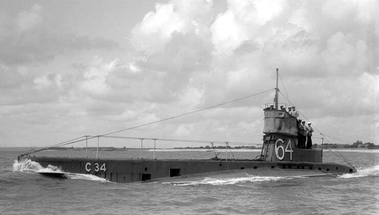 British Royal Navy . H M Submarine C 34 - a C Class submarine . 1914 She was sunk by German submarine U - 52 off Fair Isle in the Shetlands while on the surface on 24 July 1917. The only survivor was picked up by U - 52 . Mono Negative !AUFNAHMEDATUM GESCHÄTZT! UnitedArchives1227366