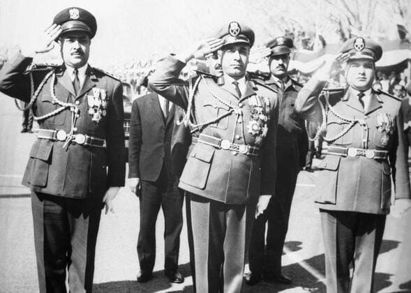 Amin Hafez : 1921 - 17 December 2009 , Syrian politician , military officer and a member of the Baath Party , seen here the Syrian President takes the salute during ceremonies marking the second anniversary of the Baath Party s rise to power in Damascus , Syria 10 March 1965 Mono Negative UnitedArchives1237140