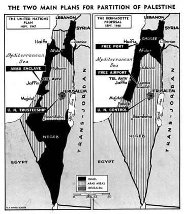 Maps showing the two main plans for partition of Palestine - United Nations Plan November 1947 and Bernadotte Proposal September 1948 Mono Print UnitedArchives1244610