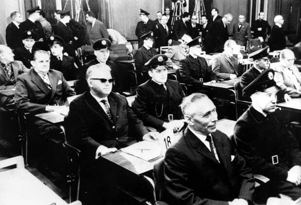 Pictured are some of the 22 former guards and officials at the Auschwitz concentration camp who went on trial charged with the responsibility for the extermination of more than 2 1 2 million people at the camp . Pictured in the foreground from left to right : Emil Hantl ; Oswald Kaduk ; Dr Viktor Capesius , and Wilhelm Boger . In the background , seated next to Herbert Scherpe , and Franz Hofman , Frankfurt , Germany . 20 December 1963 Mono Negative !AUFNAHMEDATUM GESCHÄTZT! UnitedArchives1273003