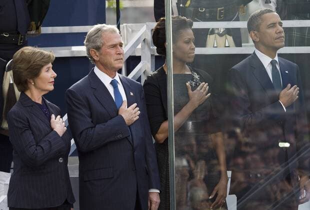 11 September 2011- New York, New York Ð President Barack Obama, First Lady Michelle Obama, former President George W. Bush and former First Lady Laura Bush attend the Commemoration Ceremony at the National September 11 Memorial at the World Trade Center Site, The President and First Lady are also visiting the Pentagon and the crash site of Flight 93 in Shanksville Pennsylvania in a series of events to commemorate the 10th anniversary of the attacks. 