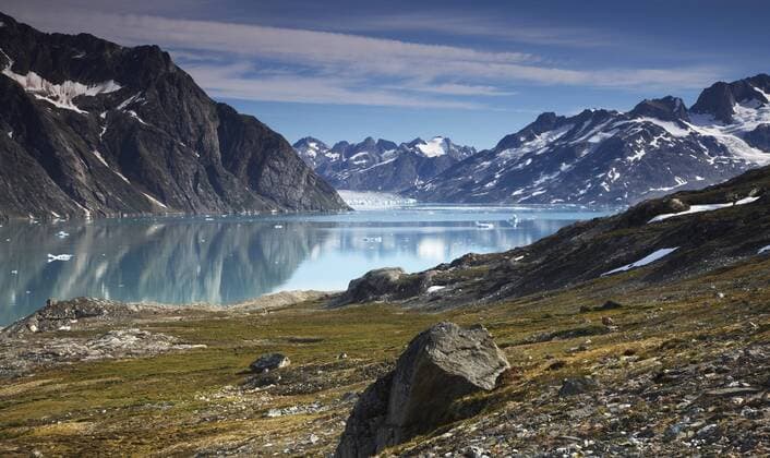 Blick ueber Sermiligaq-Fjord und Knud-Rasmussen-Gletscher, Groenland, Ammassalik, Ostgroenland, Sermiligaq view to Sermiligaq Fjord and Knud Rasmussen Glacier, Greenland, Ammassalik, East Greenland, Sermiligaq BLWS214778