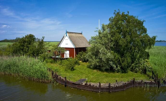 Holzhuette mit Anlegestelle auf den Neuendorfer Buelten, Deutschland, Mecklenburg-Vorpommern, Neuendorfer Buelten, Saaler Bodden wooden hut with jetty on Neuendorfer Buelten, Germany, Mecklenburg-Western Pomerania, Neuendorfer Buelten, Saaler Bodden BLWS258116