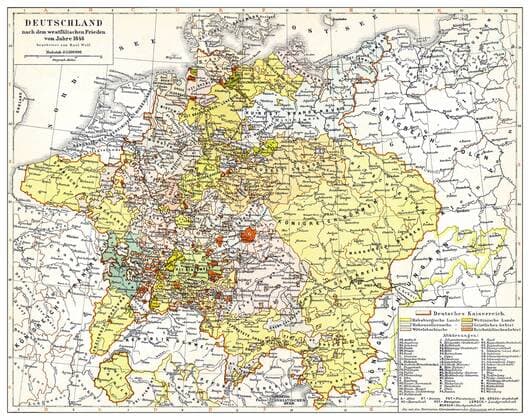 Historische Landkarte von Deutschland und Europa nach dem Westfälischen Frieden, 1648, 17. Jahrhundert, aus Meyers Konversations-Lexikon von 1890 iblhdf02067299