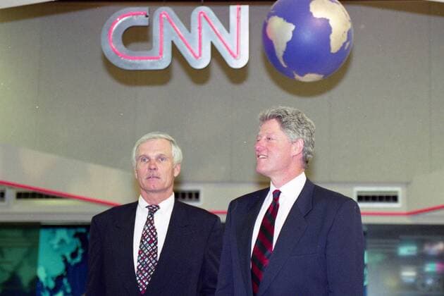 President Bill Clinton meets with broadcast giant Ted Turner of CNN at their International Production Center, and talked with the press about the upcoming mid-terms elections, May 3, 1994. ( 