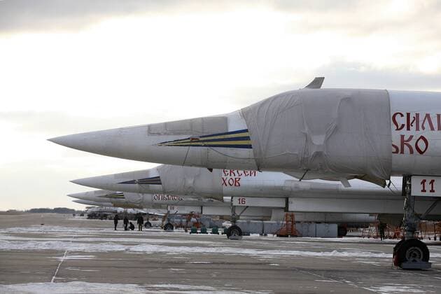 ITAR-TASS: SARATOV REGION, RUSSIA. DECEMBER 5, 2011. Tupolev Tu-160 (NATO reporting name: Blackjack) supersonic bombers seen at the Engels Air Force Base (aka Engels-2, Engel s, or Zngyelse).  RE0F338D