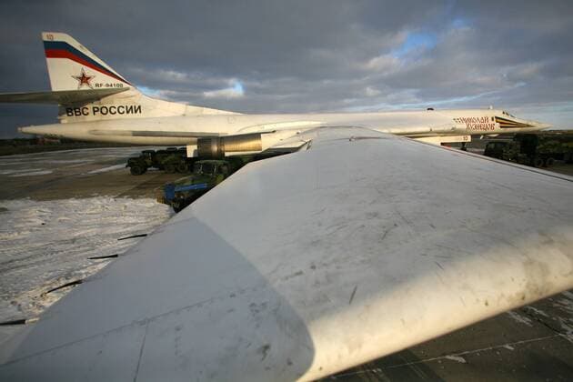 ITAR-TASS: SARATOV REGION, RUSSIA. DECEMBER 5, 2011. Tupolev Tu-160 (NATO reporting name: Blackjack) supersonic bomber seen at the Engels Air Force Base (aka Engels-2, Engel s, or Zngyelse).  RE0F3393
