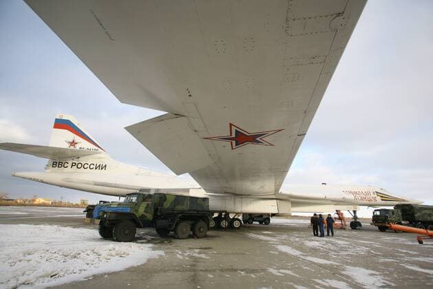 ITAR-TASS: SARATOV REGION, RUSSIA. DECEMBER 5, 2011. Tupolev Tu-160 (NATO reporting name: Blackjack) supersonic bomber seen at the Engels Air Force Base (aka Engels-2, Engel s, or Zngyelse).  RE0F3392
