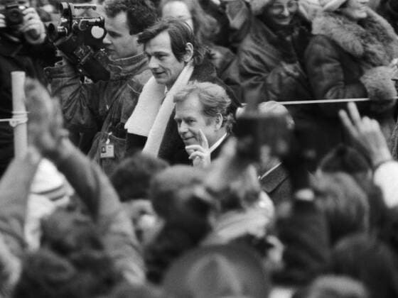 FILE PHOTO:The victory of the Velvet Revolution was topped off by the election of dissident playwright and human rights activist Vaclav Havel as President of the republic at Prague Castle on December 29, 1989. Vaclav Havel flashes V for victory sign as he walks from Prague Castle to attend Te Deum mass in St. Vitus cathedral after the inauguration ceremony.Vaclav Havel died on Sunday, Dec. 18, 2011, aged 75. Havel, a dissident playwright jailed by Communists, became Czechoslovak and than Czech president and a symbol of peace and freedom after bringing down communism in Czechoslovakia by leading bloodless Velvet Revolution . CTK Photo  CTKPhoto91500133791