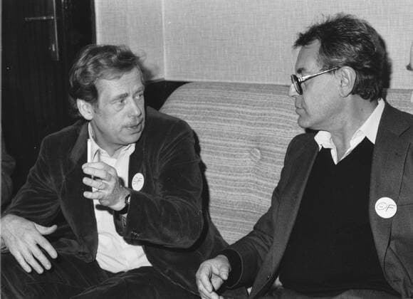Civic Forum leader Vaclav Havel, left, and his long-time friend Milos Forman, Czech Oscar-winning film director,wear the Civic Forum badges as they meet at the screening of Forman s film Valmont in Prague on December 15, 1989. Forman, who became a naturalized citizen of the United States in 1977, came to Czechoslovakia to support the Velvet Revolution.Vaclav Havel died on Sunday, Dec. 18, 2011, aged 75. Havel, a dissident playwright jailed by Communists, became Czechoslovak and than Czech president and a symbol of peace and freedom after bringing down communism in Czechoslovakia by leading bloodless Velvet Revolution .  CTKPhoto20210238