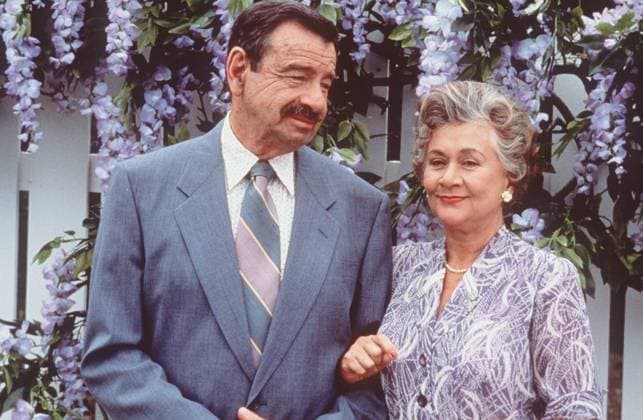 Walter Matthau und Joan Plowright in Dennis 07 93 teu Schauspiel TV Fernsehen Film draußen Haus Wand Blume Pflanze einhakend halb quer lächelnd