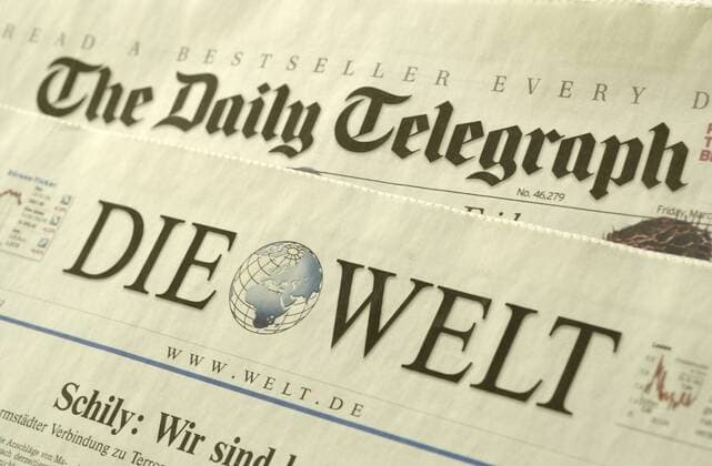 Feature Symbol: Zeitungsmarkt 04 04 thg Medien Zeitung Zeitungen Tageszeitung Tageszeitungen Zeitungsmarkt Presse Tagespresse Verlag Verlage Zeitungsverlag Zeitungsverlage Presseverlag Presseverlage Verlagshaus Verlagshäuser Titel Titelblatt Titelblätter Titelseite Titelseiten englisch englischsprachig Ausland GB England Großbritannien Great Britain Daily Telegraph Die Welt Logo liegend Globalisierung Übernahme Kauf quer Der Axel Springer Verlag (u.a. Die Welt ) sondiert im März 2004 die Möglichkeiten, die bekannte britische Tageszeitung The Daily Telegraph zu kaufen.