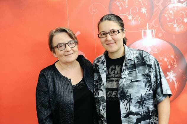 Agnieszka Holland and her daughter Katarzyna Adamik on the set of Dzien Dobry TVN on December 31, 2011 in Warsaw, Poland. In Darkness tells the true story of one Pole s rescue of Jewish refugees in the canals of Nazi-occupied city of Lvov. The film has been nominated to Oscar 2012. EN_00996767_0198 