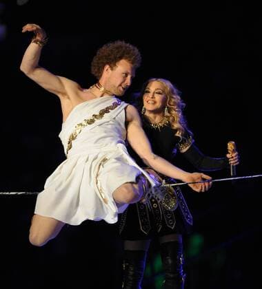 Madonna performs during the Halftime Show at Super Bowl XLVI between the New York Giants and the New England Patriots at Lucas Oil Stadium for NFL in Indianapolis, Indiana on February 5, 2012.  SBP20120205123
