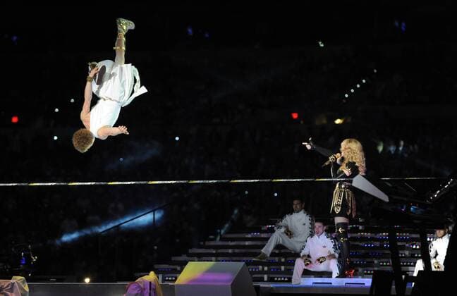 Madonna performs during the Halftime Show at Super Bowl XLVI between the New York Giants and the New England Patriots at Lucas Oil Stadium for NFL in Indianapolis, Indiana on February 5, 2012.  SBP20120205136