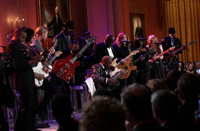 Blues legend B.B. King performs with an all-star cast at a White House event titled In Performance at the White House: Red, White and Blues February 21, 2012 in Washington, DC. As part of the In Perfomance series, music legends and contemporary major artists have been invited to perform at the White House for a celebration of Blues music and in recognition of Black History Month. The program featured performances by Troy Trombone Shorty Andrews, Jeff Beck, Gary Clark, Jr., Shemekia Copeland, Buddy Guy, Warren Haynes, Mick Jagger, Keb Mo, Susan Tedeschi and Derek Trucks, with Taraji P. Henson as the program host and Booker T. Jones as music director and band leader.  WAX20120221202